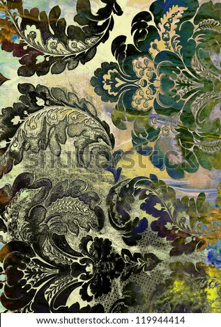 Abstract textured background: black, blue, and green floral patterns on yellow backdrop. For art texture, grunge design, and vintage paper / border frame