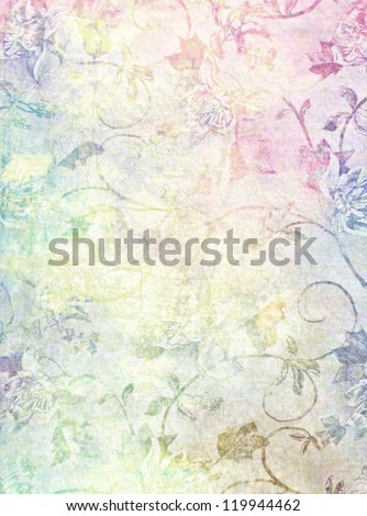 Abstract textured background: blue, brown, and red floral patterns on yellow backdrop. For art texture, grunge design, and vintage paper / border frame
