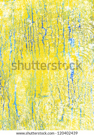 Abstract textured background: yellow and blue patterns on white summer-themed backdrop. For art texture, grunge design, and vintage paper / border frame