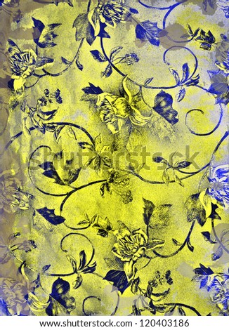Abstract textured background: yellow gold floral patterns on blue backdrop. For art texture, grunge design, and vintage paper / border frame