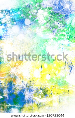 Abstract textured spring-themed background: blue, yellow, and green patterns. For art texture, grunge design, and vintage paper / border frame