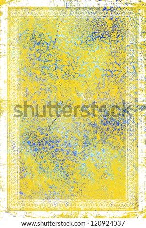 Elegant vintage border frame: abstract textured background with blue and yellow patterns. For art texture, grunge design, and old paper
