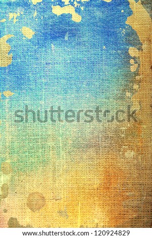 Old canvas: abstract textured background with blue, yellow, and brown patterns. For art texture, grunge design, and vintage paper / border frame