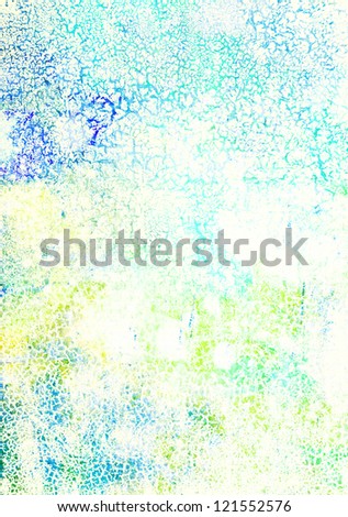 Abstract textured summer-themed background: blue, yellow, and green patterns. For art texture, grunge design, and vintage paper / border frame