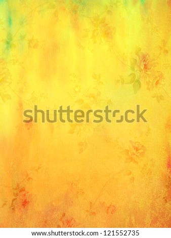 Abstract textured background: red and green floral patterns on yellow backdrop. For art texture, grunge design, and vintage paper / border frame