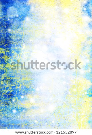 Abstract textured marine background: blue, yellow, and white patterns. For art texture, grunge design, and vintage paper / border frame