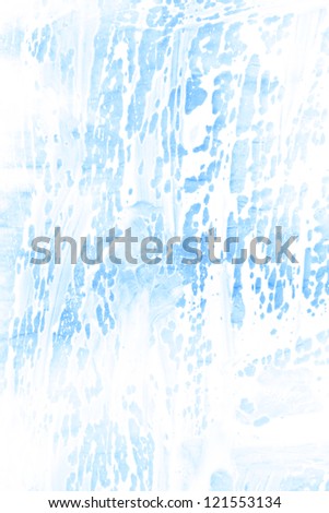 Abstract textured background: white frost-like patterns on blue backdrop. For art texture, grunge design, and vintage paper / border frame