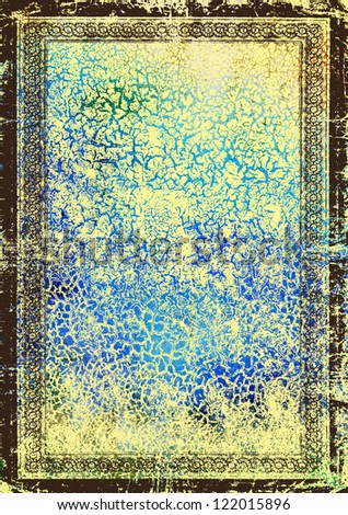 Elegant vintage brown border frame: abstract textured background with blue, green, and yellow patterns. For art texture, grunge design, and old paper