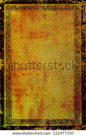 Old canvas with vintage border frame: Abstract textured background with red, orange, and brown patterns on yellow backdrop. For art texture, grunge design, and vintage paper