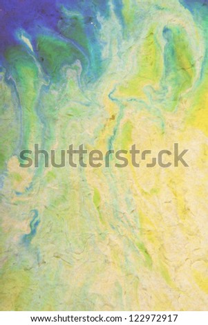 Old paper: Abstract textured background with green, blue, and brown patterns on yellow backdrop. For art texture, grunge design, and vintage paper / border frame