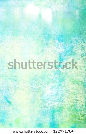 Abstract textured background: white, yellow, and green patterns on blue sky-like backdrop. For art texture, grunge design, and vintage paper / border frame