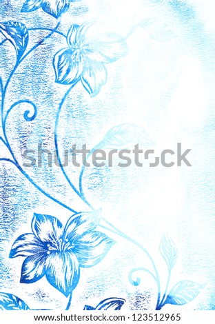 Abstract textured background: blue floral patterns on white backdrop. For art texture, grunge design, and vintage paper / border frame