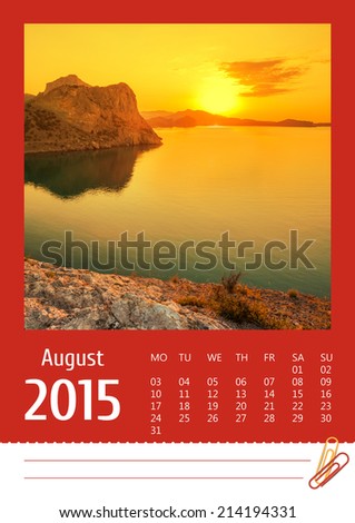 2015 photo calendar with minimalist landscape. August. Dawn on the sea
