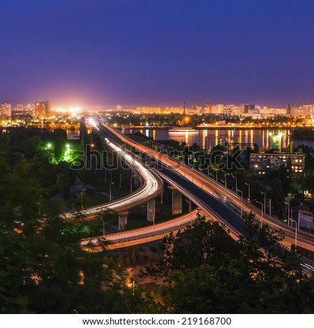 road-rail bridge in evening Kiev. Ukraine