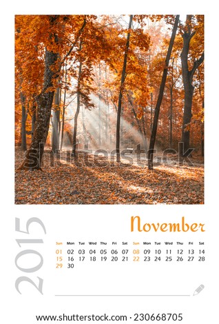 Photo calendar with minimalist landscape 2015. November