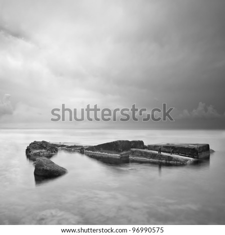 Black & White minimalist seascape with rocks. Black sea. Ukraine. Crimea.