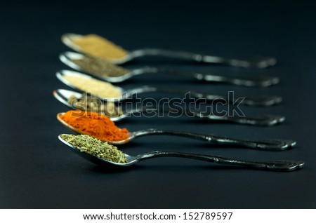 Different spices in spoons isolated on black background