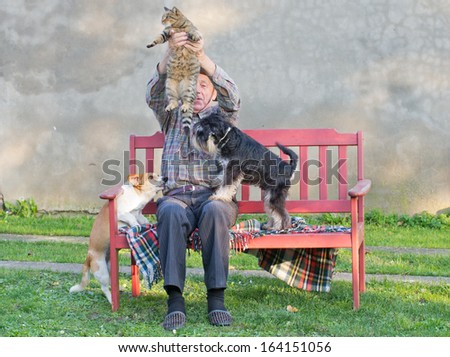 Old man keeps the cat from dogs