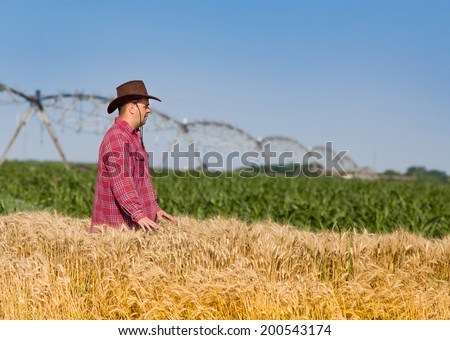 Farmer with hat standing in wheat field with irrigation system in background