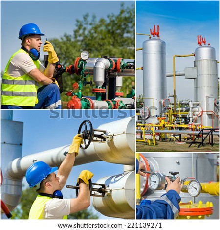 Collage of oil industry worker on plant