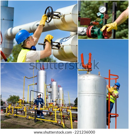 Collage of oil and gas industry worker on plant