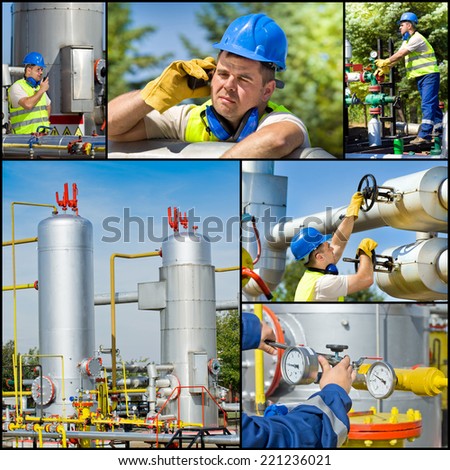 Collage of oil and gas industry worker on plant
