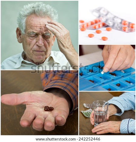 Collage of old man with pain and medicals