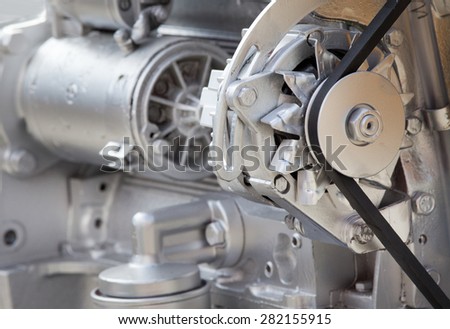 Close up of transmission belt on car engine