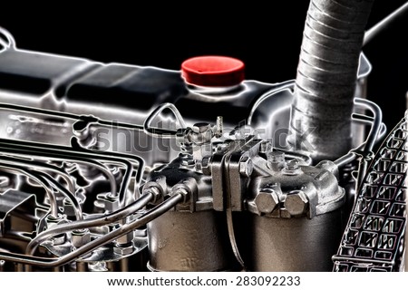 Close up of fragment of automobile engine, artistic imege technique