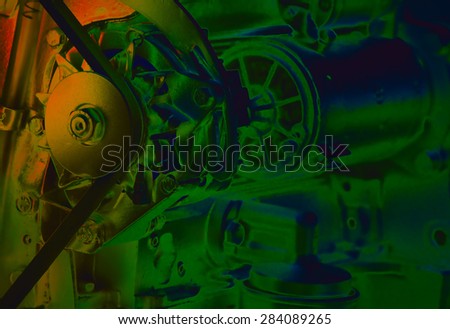 Close up of transmission belt on car engine, artistic image technique