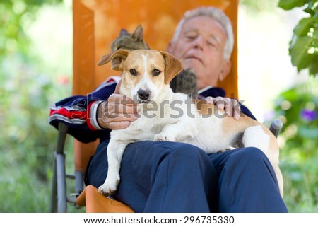 Senior man lying in sunbed in courtyard while dog and cat sitting in his lap