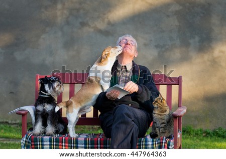 Senior man with dogs and cat on his lap on bench