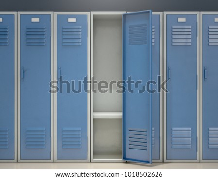 A row of blue metal school lockers with one open door revealing that it is empty - 3D render