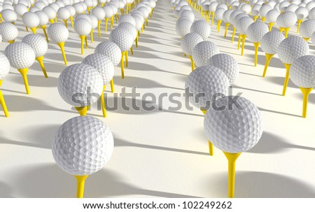 A mystical plantation where golf balls are cultivated in rows and grow on golf tees