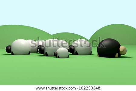 A non-conformist depiction of a black sheep not following the general sheep herd