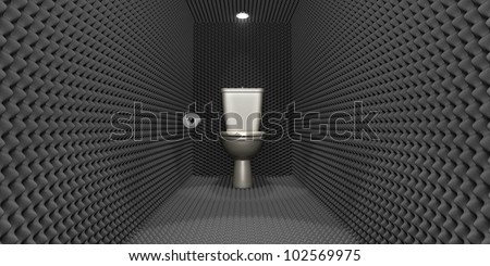 A crude concept depicting a porcelain toilet with a tissue paper roll located in a room clad in sound proofing with downlighters