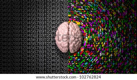 A typical brain with the left side depicting an analytical, structured and logical mind, and the right side depicting a scattered, creative and colorful side.