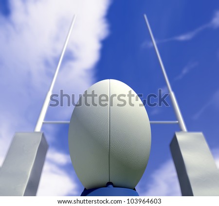 A plain white rugby ball on a kicking tee in front of some rugby posts ready to be converted