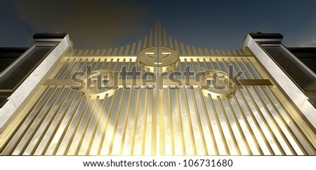 The gold pearly gates of heaven seen from the bottom looking upwards
