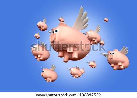 A literal description of a herd of pink pigs with wings flying