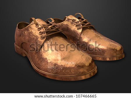 A pair of bronze cast formal shoes on a plain background