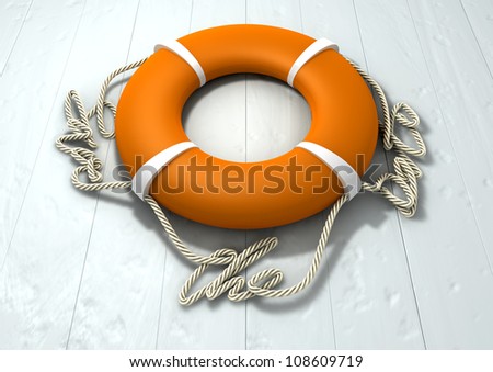 An orange lifebuoy with the rope around it spelling out the words save the date