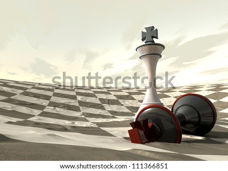 Two chess kings finish a game on a checkered desert like terrain with the white king standing over the fallen white king