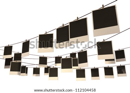 A gallery of blank photographs pegged onto  red strings criss-crossed in various directions on an isolated background