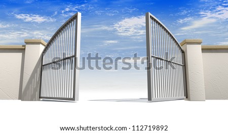 A solid garden wall with open metal gates with a blue sky in the background and isolated on a white foreground