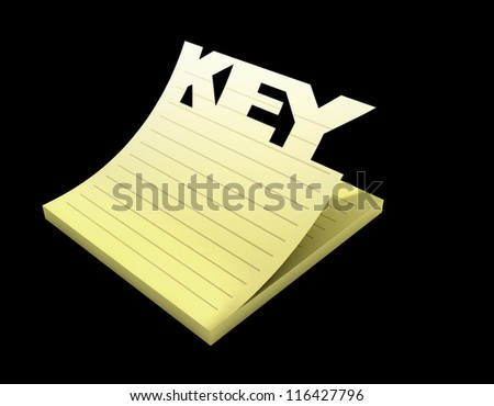 A yellow notepad with the top page peeling upwards and the word key cut out of it on an isolated background