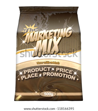 A bag of a concept product called Marketing Mix that\'s made up of the ingredients, product, price, place and promotion on an isolated background