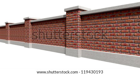 An perspective view of a regular domestic face brick wall with plaster capping on an isolated background