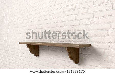 A perspective view of a regular cleared wooden shelf with wooden brackets on an white brick wall with copy space