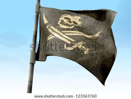 A regular jolly roger pirate flag with a skull and cutlasses on a black background attached to a wooden pole on a blue sky background